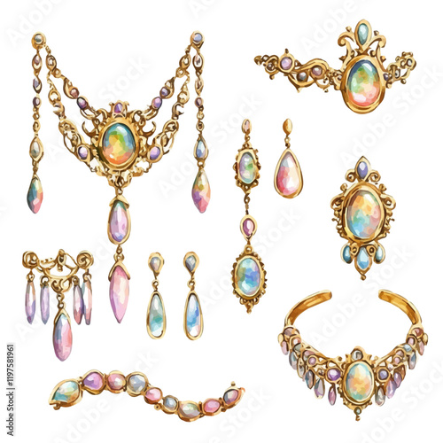 A watercolor painting of a vintage gold and opal jewelry set, isolated on a white background. Vintage gold and opal jewelry set vector.
