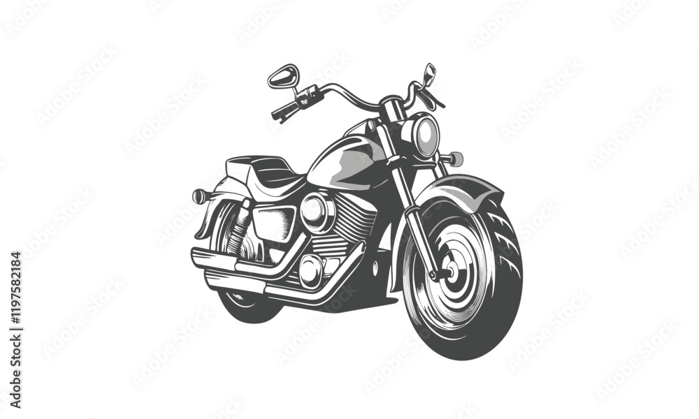 Fototapeta premium A motorcycle vector silhouette is a simplified, flat graphic representation of a motorcycle, focusing on its basic shape and key features like the frame, wheels, handlebars, and exhaust.