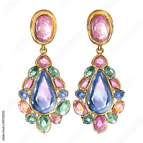A watercolor painting of vintage earrings with gemstones, isolated on a white background. Vintage earrings with gemstones vector.

