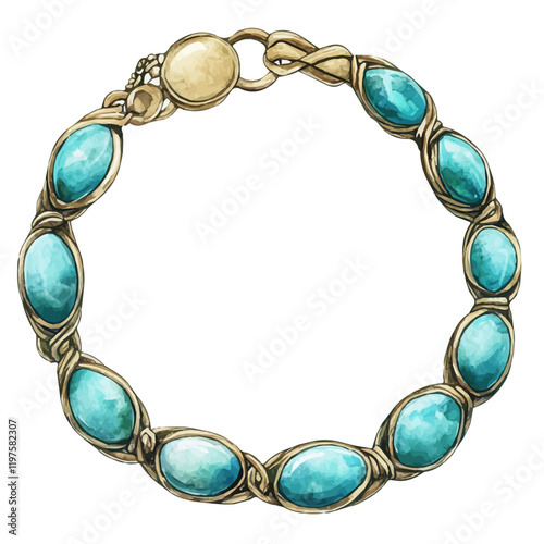 A watercolor painting of a vintage-inspired turquoise bracelet, isolated on a white background. Vintage-inspired turquoise bracelet vector.
