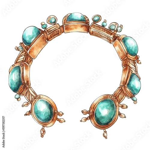 A watercolor painting of a vintage-inspired turquoise bracelet, isolated on a white background. Vintage-inspired turquoise bracelet vector.
