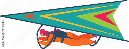 Hang glider pilot soaring through the sky, skillfully controlling the glider with hands, dressed in a vibrant orange suit and helmet, embracing the thrill of extreme sports