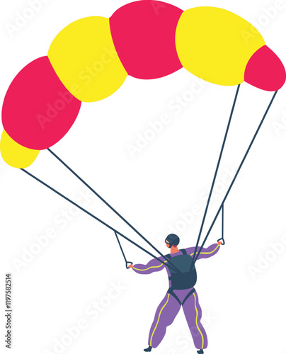 Skydiver wearing helmet and wingsuit controlling parachute after performing jump from airplane, extreme sport and leisure activity, active lifestyle concept