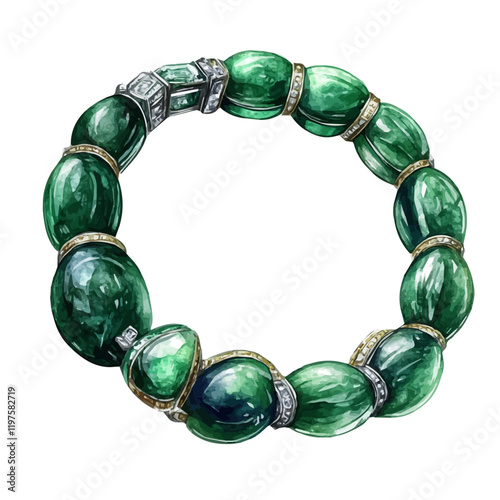 A watercolor of a vintage-inspired emerald bracelet, isolated on a white background. Vintage-inspired emerald bracelet vector.
