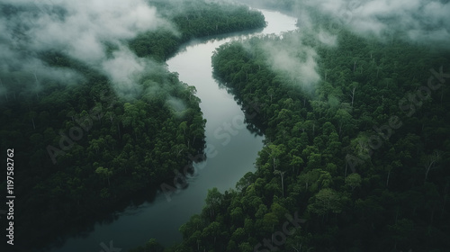 Aerial View of Lush Green Forests and Meandering River in Misty Tropical Landscape