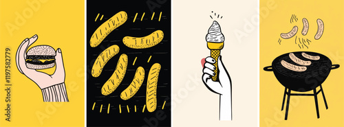 Hand drawn style summer barbeque illustration set