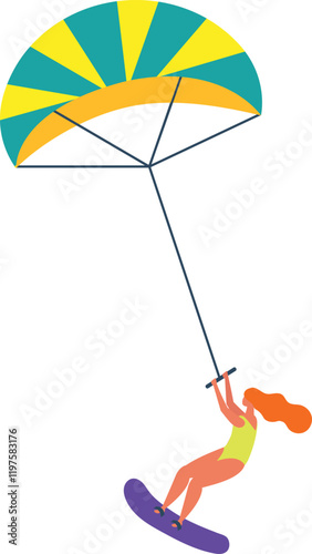 Kitesurfer holding bar and riding kiteboard, enjoying summer water sport activity, active lifestyle and hobby concept, colorful vector illustration on white background