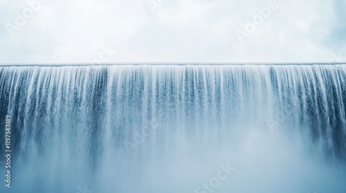 A serene waterfall cascades down, surrounded by mist, creating a tranquil atmosphere in a natural landscape.