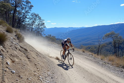 Mountain Biker Kicking Up Dirt on Scenic Trails Under Bright Sunny Skies
