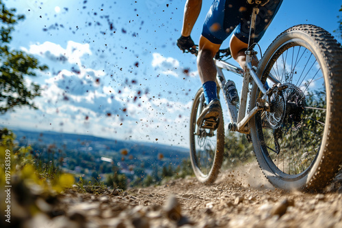 Mountain Biker Kicking Up Dirt on Scenic Trails Under Bright Sunny Skies