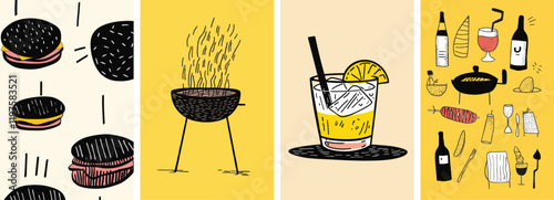 Hand drawn style summer barbeque illustration set