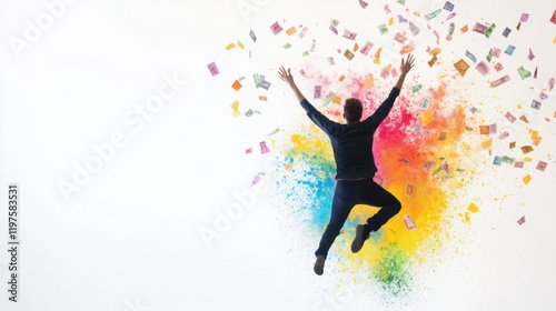 A joyful figure leaps amidst a burst of colorful splashes and scattered papers, symbolizing creativity, freedom, and exuberance.