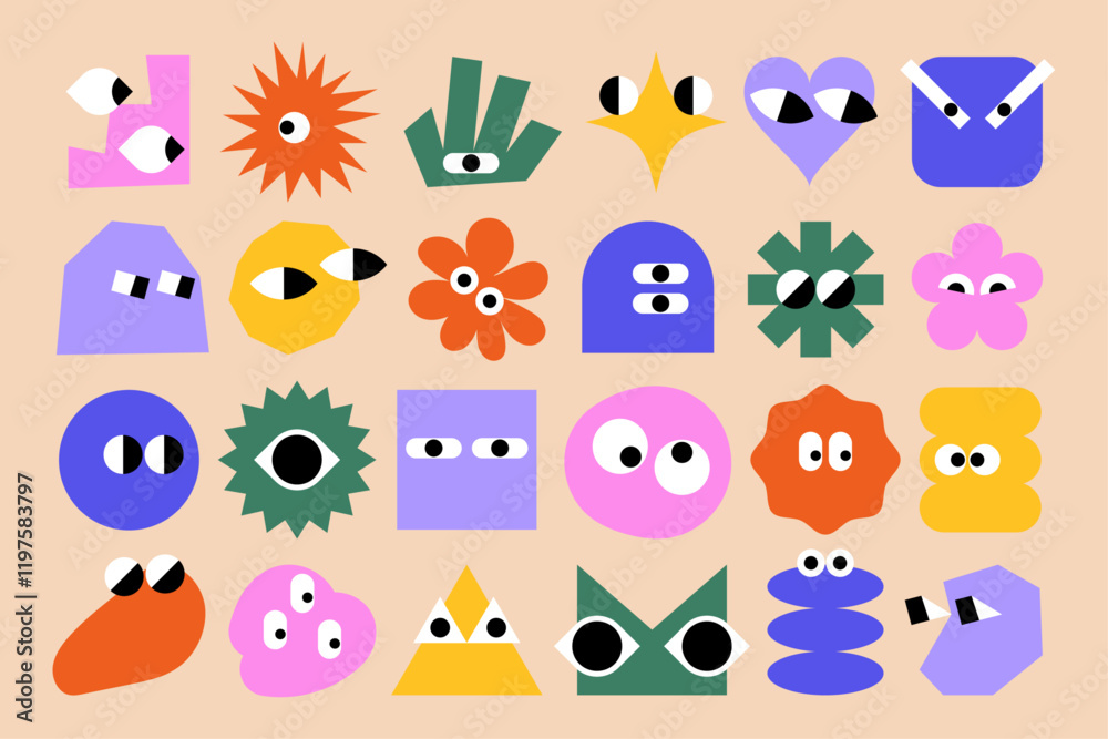 Set of funny and colorful shapes with eyes. Cartoon characters. Emotional forms. Childish vector elements. Doodle art.