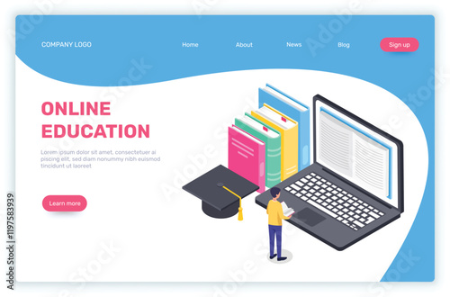 Online education isometric landing page with student reading a book, standing next to a giant laptop with an open ebook and a graduation cap