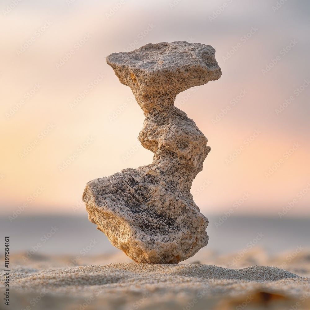 Unique stone sculpture balanced on sandy beach at sunset Unique stone sculpture balanced on sandy beach at sunset