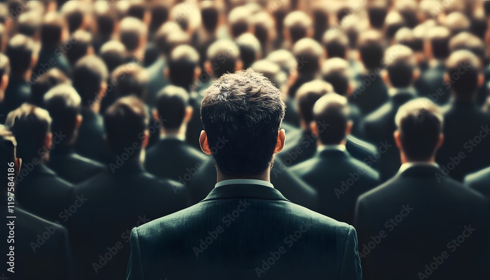 Obraz premium Individual Standing Amongst Many, Facing a Crowd of Identical Suits in a Darkened Space, Representing Conformity, Identity and Social Dynamics in Contemporary Society