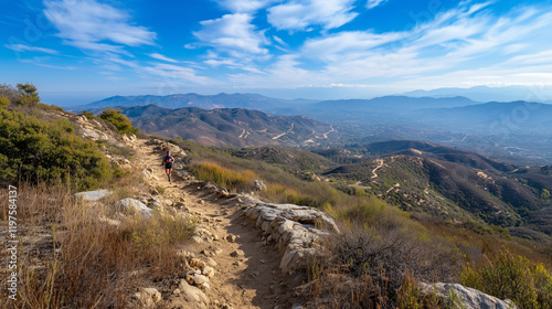Trail Runner in Stunning Rocky Desert and Canyon Landscapes Under a Vibrant Blue Sky