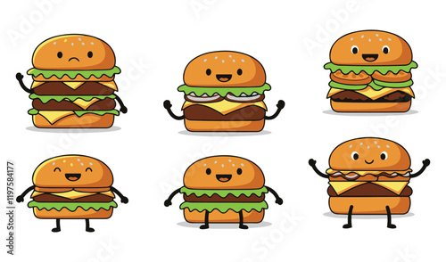 Fast Food Packaging and Delicious Cheeseburger set  vector Illustration Iconic Fast Food Cartons Tasty Burgers Food Box Illustration Elements