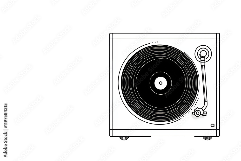 Fototapeta premium PNG cut out isolated background. A sleek black-and-white illustration of a vintage turntable with a vinyl record and tonearm.