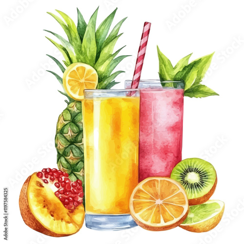 A watercolor painting of tropical fruit juice, isolated on a white background. Tropical fruit juice vector.
