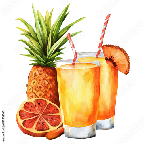 A watercolor painting of tropical fruit juice, isolated on a white background. Tropical fruit juice vector.

