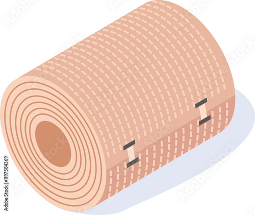 Medical elastic bandage roll partially unrolled, showing its texture and fasteners, ready for applying compression and support to injured areas