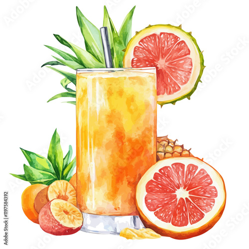 A watercolor painting of tropical fruit juice, isolated on a white background. Tropical fruit juice vector.

