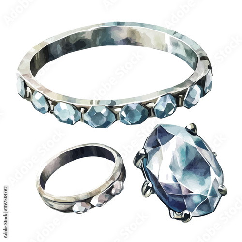 A watercolor drawing of a timeless silver bracelet and ring set, isolated on a white background. Silver jewelry vector.
