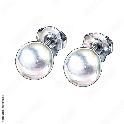A watercolor painting of timeless pearl stud earrings, isolated on a white background. Pearl jewelry vector.

