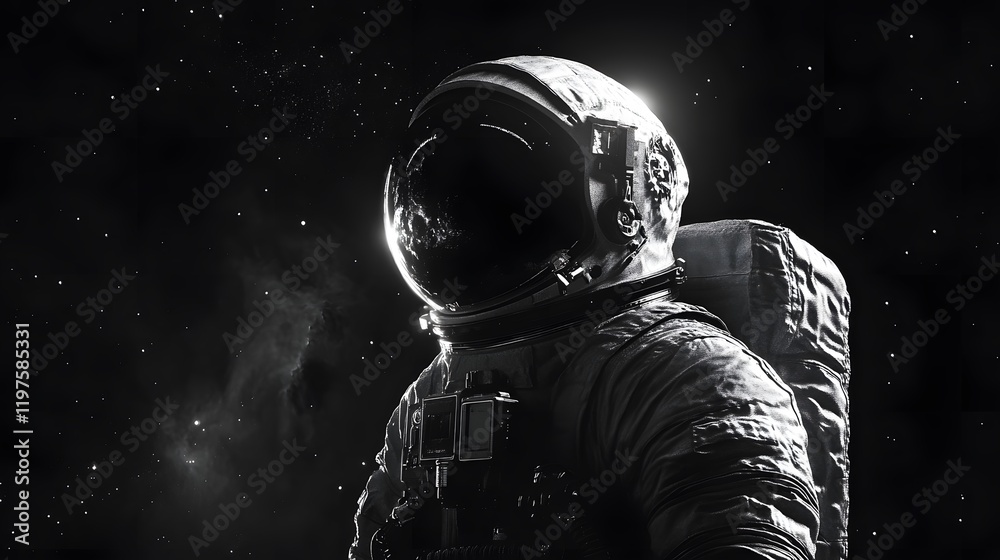 An Artful Representation of an Astronaut in the Void of Space, Captured in Striking Black and White Photography Rich with Dramatic Lighting An Artful Representation of an Astronaut in the Void of Space, Captured in Striking Black and White Photography Rich with Dramatic Lighting