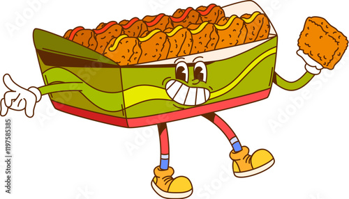 Groovy chicken nuggets or retro cartoon fast food hippie character, vector funny snack. Groovy chicken nuggets box with happy smile and funky face, psychedelic hippie or hipster fast food character