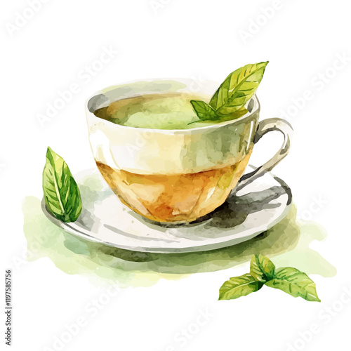 A watercolor of a tea cup with green tea and mint, isolated on a white background. Green tea vector.
