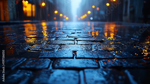 Wallpaper Mural Rainy night city street, wet cobblestone road reflecting lights. Torontodigital.ca