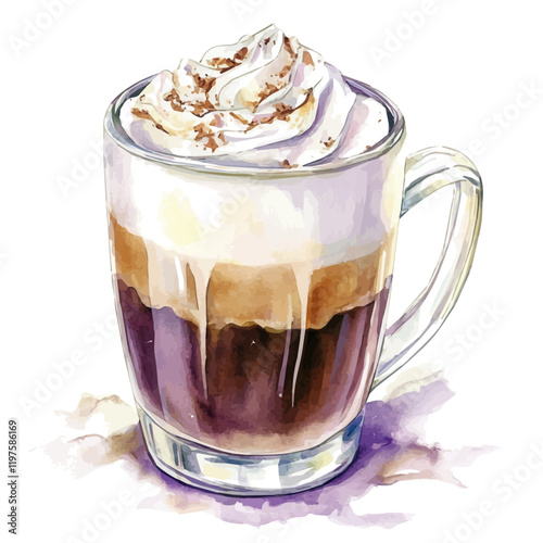 A watercolor of a taro latte, isolated on a white background. Taro latte vector.
