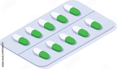 Blister pack containing ten green and white capsules arranged in two rows of five, presented in an isometric view, ideal for pharmaceutical or healthcare related projects