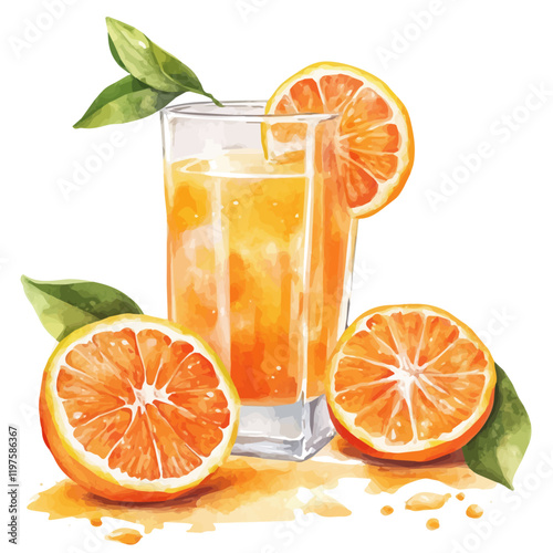 A watercolor of tangerine juice, isolated on a white background. Tangerine juice vector.
