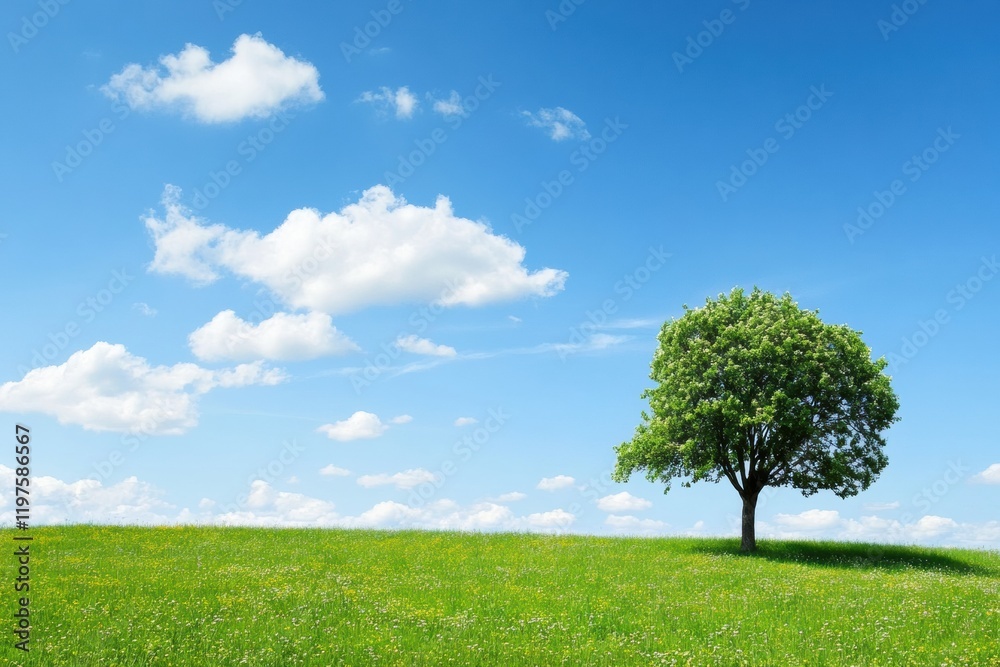Lush green landscape with a single tree against a bright blue sky filled with fluffy clouds. Generative AI Lush green landscape with a single tree against a bright blue sky filled with fluffy clouds. Generative AI