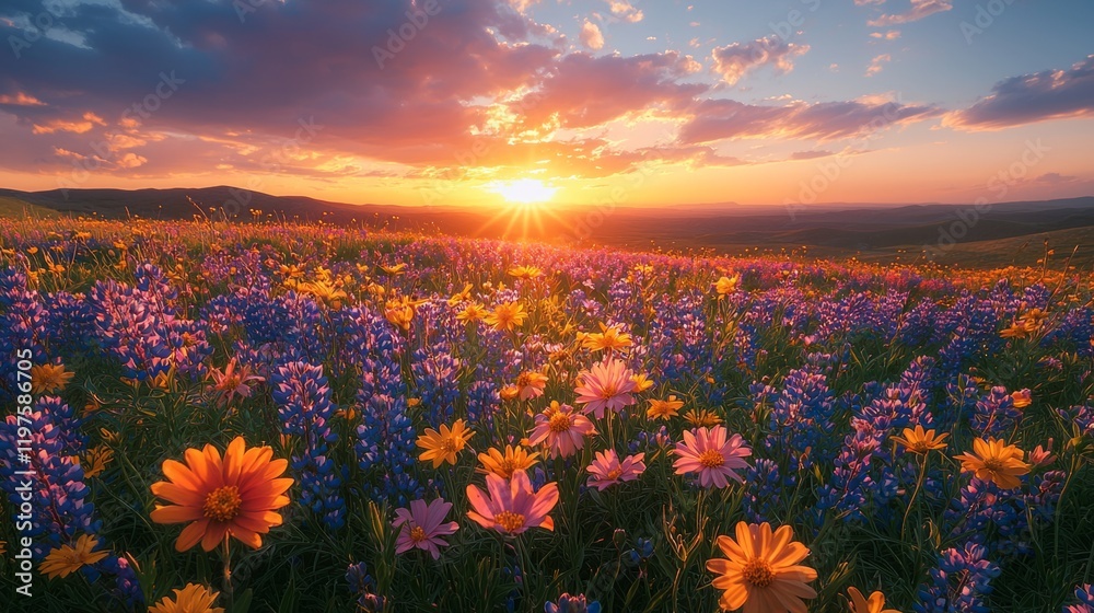 Fototapeta premium A sunrise illuminating a field of wildflowers, vibrant colors, natural beauty, wildflower sunrise