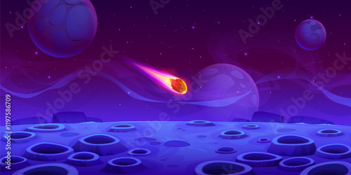 Space alien planet surface with falling asteroid, galaxy background. Cartoon vector celestial scene with a comet plummeting toward a mysterious planet with craters in vast Universe filled with stars
