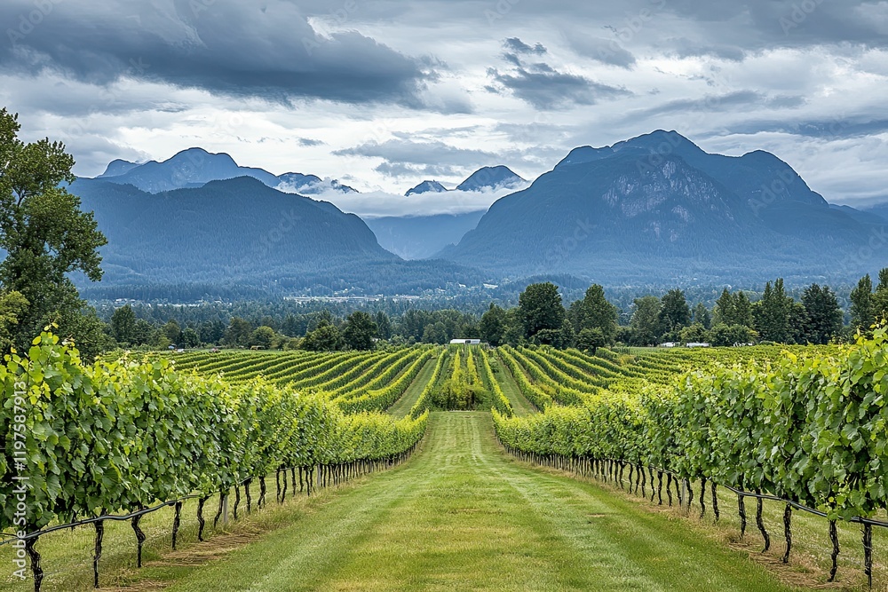 Fototapeta premium Vineyard rows, mountains, cloudy sky.
