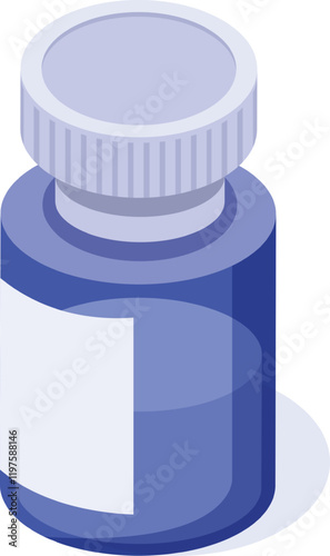 Blue plastic medicine bottle with blank label and white cap isometric view, perfect for representing health, medicine, pharmacy, or related concepts