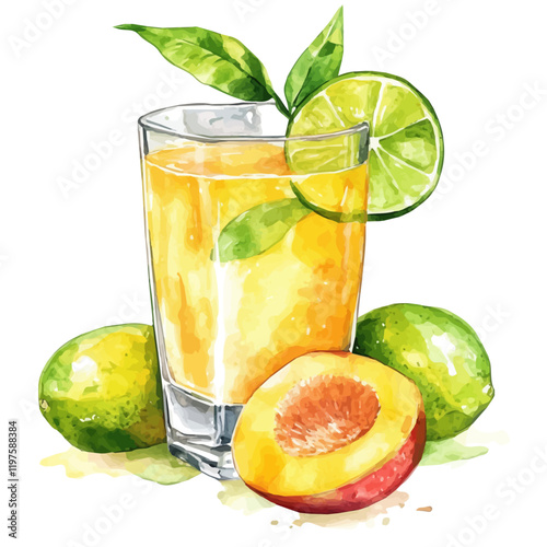 A watercolor vector of sweet mango lime juice, isolated on a white background. Sweet mango lime juice vector.
