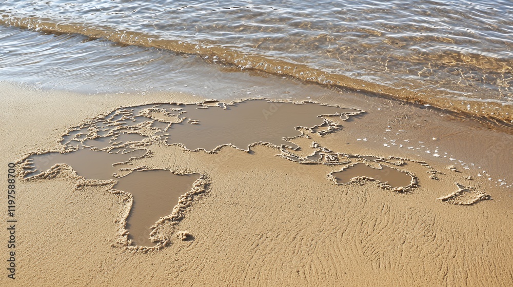 World Map Drawn in Sand Near Ocean Waves