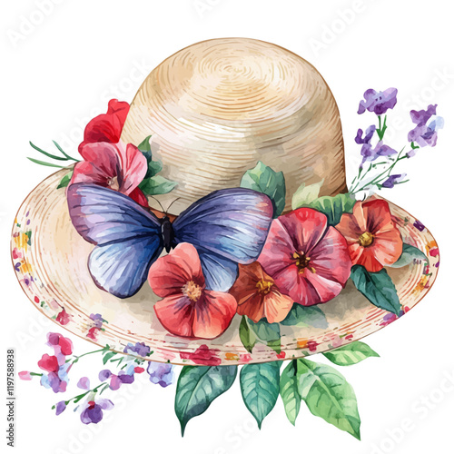 A watercolor of a summer women's hat with floral patterns, isolated on a white background. Summer women's hat vector.
