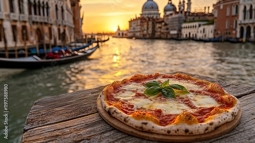 Freshly made pizza served by the Grand Canal in Venice during a breathtaking sunset