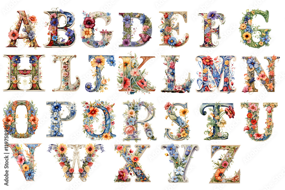 Floral Alphabet: A charming collection of uppercase letters adorned with vibrant floral designs, perfect for crafting, invitations, or adding a touch of natural elegance to any project. Floral Alphabet: A charming collection of uppercase letters adorned with vibrant floral designs, perfect for crafting, invitations, or adding a touch of natural elegance to any project.