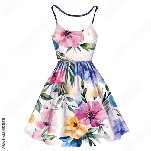 A watercolor of a summer dress with floral patterns, isolated on a white background. Summer dress vector.
