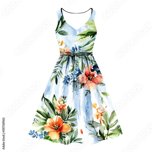 A watercolor of a summer dress with floral patterns, isolated on a white background. Summer dress vector.
