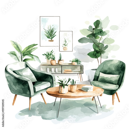 A watercolor of a stylish living room with modern furniture and plants, isolated on a white background. Stylish living room vector.
