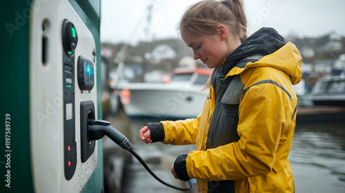 A young woman in a yellow jacket connects an electric cable to charge her boat at a harbor. The weather is rainy, and several boats are visible in the background. photo